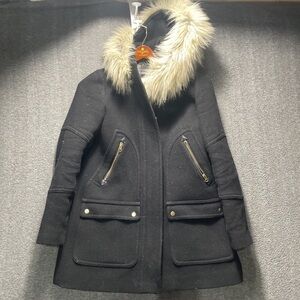 J. Crew Black Coat with Fur Trim Size 6